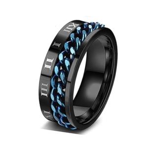 Black Stainless Steel Roman Numeral Blue Chain Spinner Ring Fidget Band